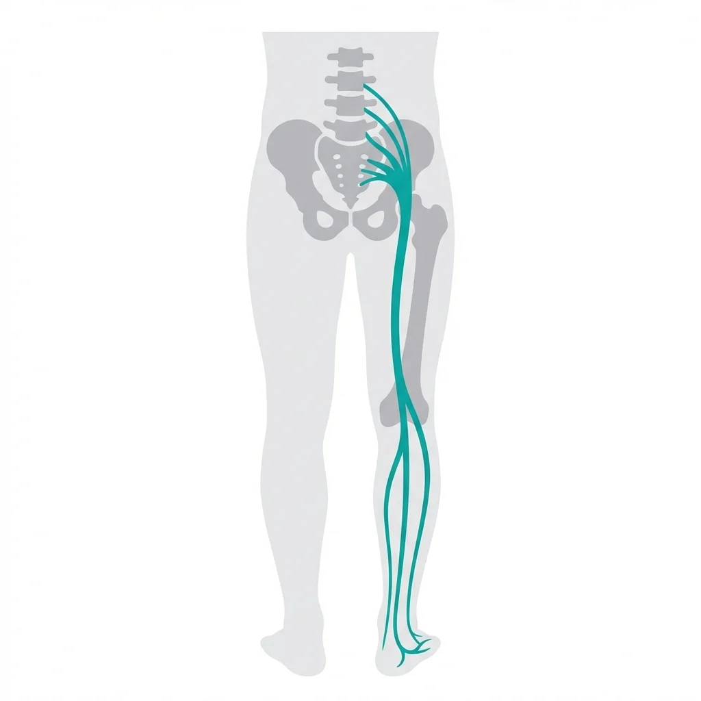 Medical illustration of the sciatic nerve path from the lumbar spine down the leg